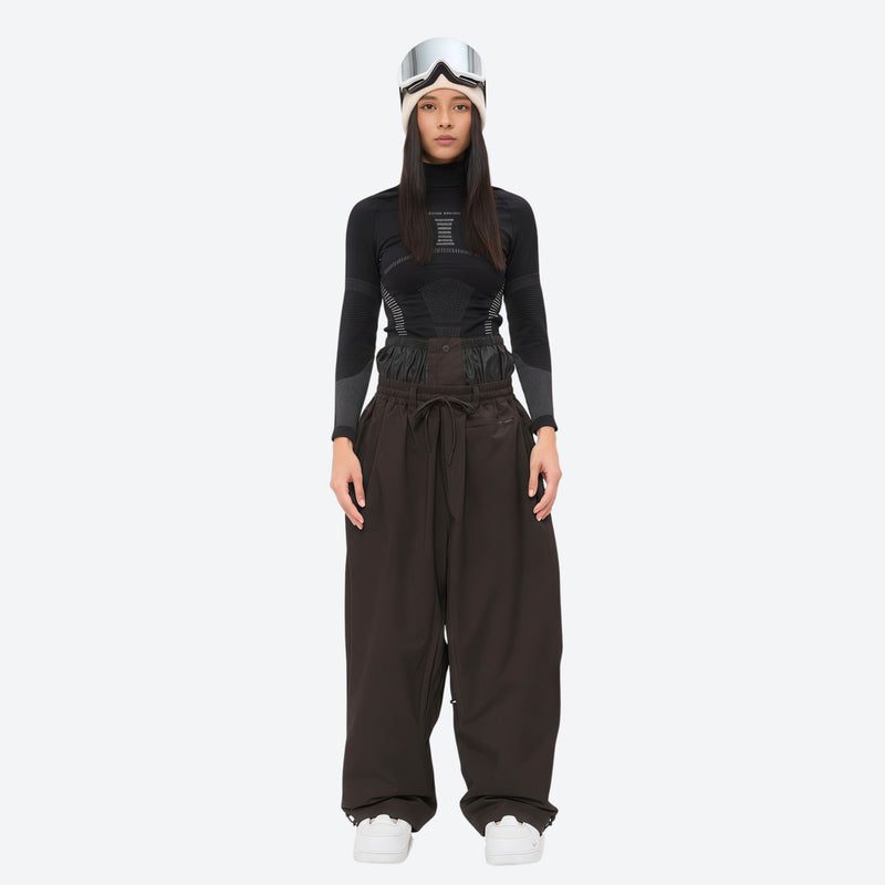 Women's 2-layer snowboard jacket and pants - coffee brown snow pants, on-model front view, for skiing and snowboarding