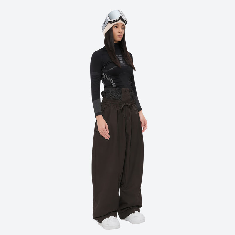 Women's waterproof 2L snow jacket and pants - coffee brown snow pants, on-model side view, for resort and street wear