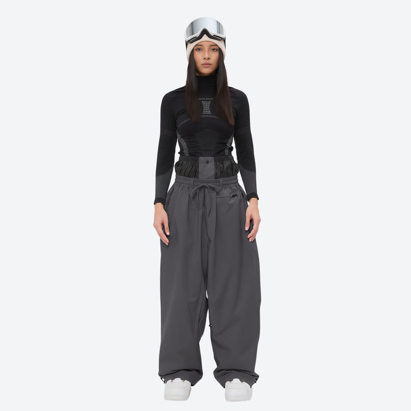 Women's waterproof 2L snow jacket and pants - gray snow pants, on-model front view, for powder days and winter commute