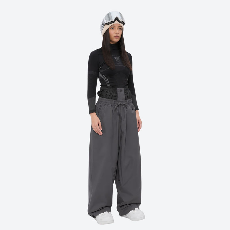 Women's minimalist breathable ski jacket set - gray snow pants, on-model front view, for cold-weather winter sports