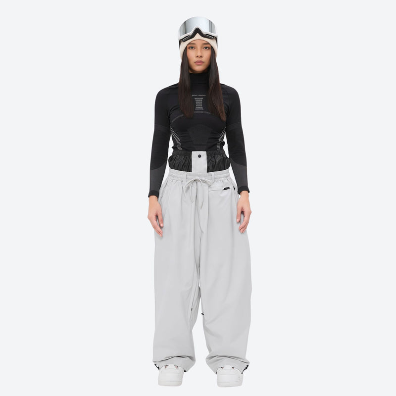 Women's minimalist breathable ski jacket set - white snow pants, on-model front view, for cold-weather winter sports