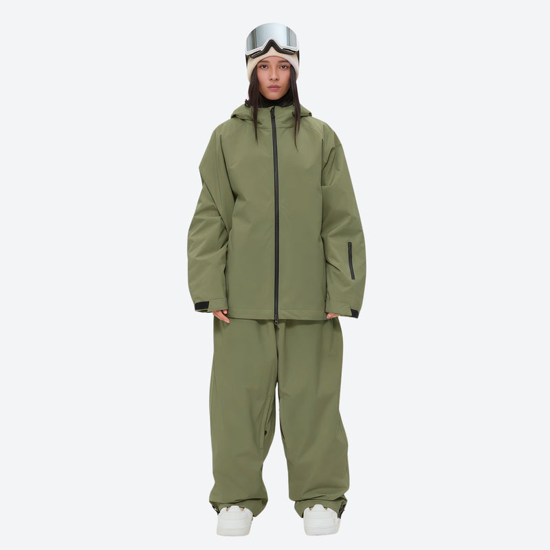 Women's waterproof 2L snow jacket and pants - olive green jacket with olive pants, for cold-weather winter sports