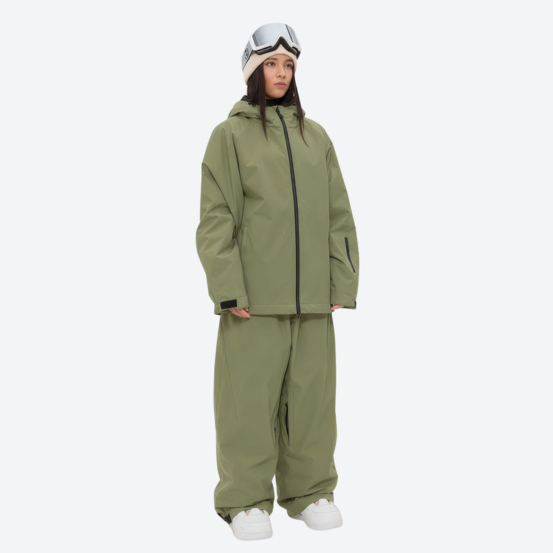 Women's minimalist breathable ski jacket set - olive green jacket with olive pants, for skiing and snowboarding