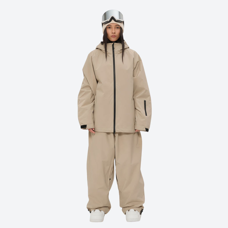 Women's minimalist breathable ski jacket set - tan jacket with tan pants, for skiing and snowboarding