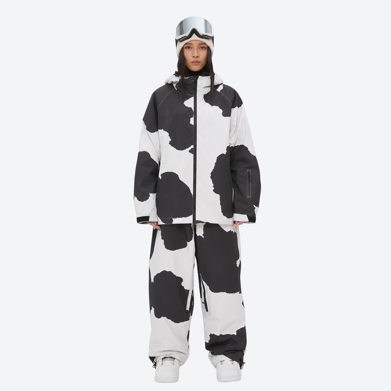 Women's waterproof 2L snow jacket and pants - cow print jacket with cow print pants, for cold-weather winter sports