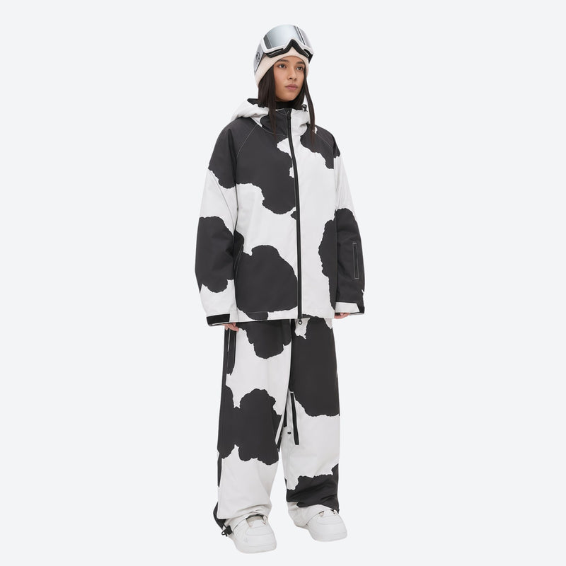 Women's minimalist breathable ski jacket set - cow print jacket with cow print pants, for skiing and snowboarding