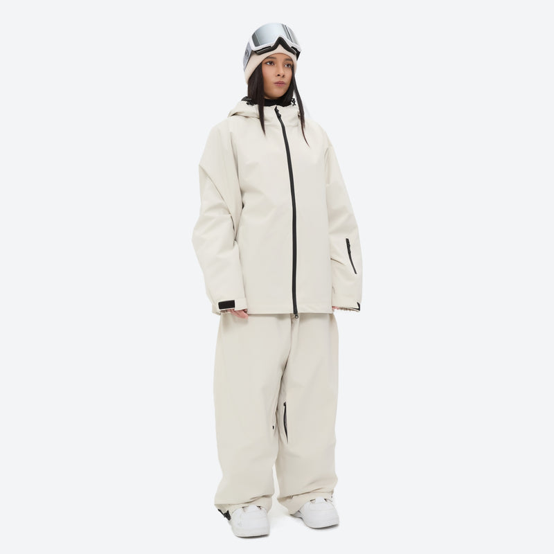 Women's 2-layer snowboard jacket and pants - cream jacket with cream pants, for skiing and snowboarding