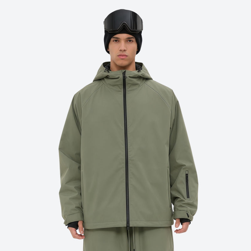 Men's 2-layer snowboard jacket and pants - olive green, on-model front view, for powder days and winter commute