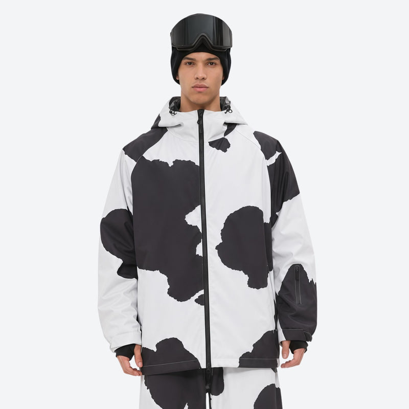 Men's 2-layer snowboard jacket and pants - cow print, on-model full-body front view, for powder days and winter commute