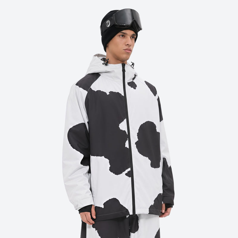 Men's waterproof 2L snow jacket and pants - cow print, on-model three-quarter front view, for cold-weather winter sports