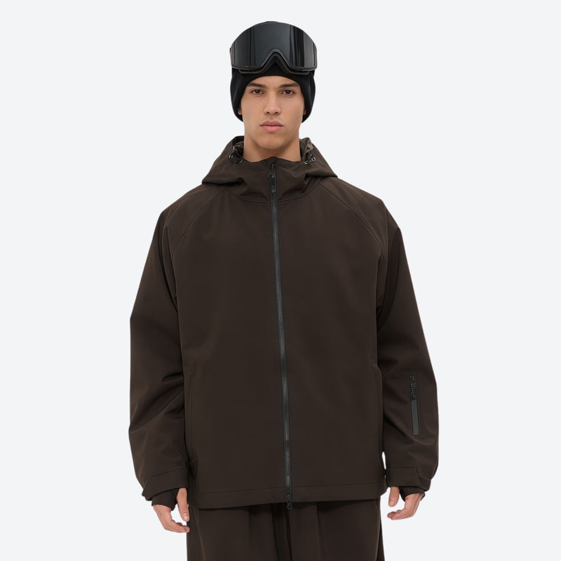 Men's 2-layer snowboard jacket and pants - coffee brown, on-model front view, for powder days and winter commute
