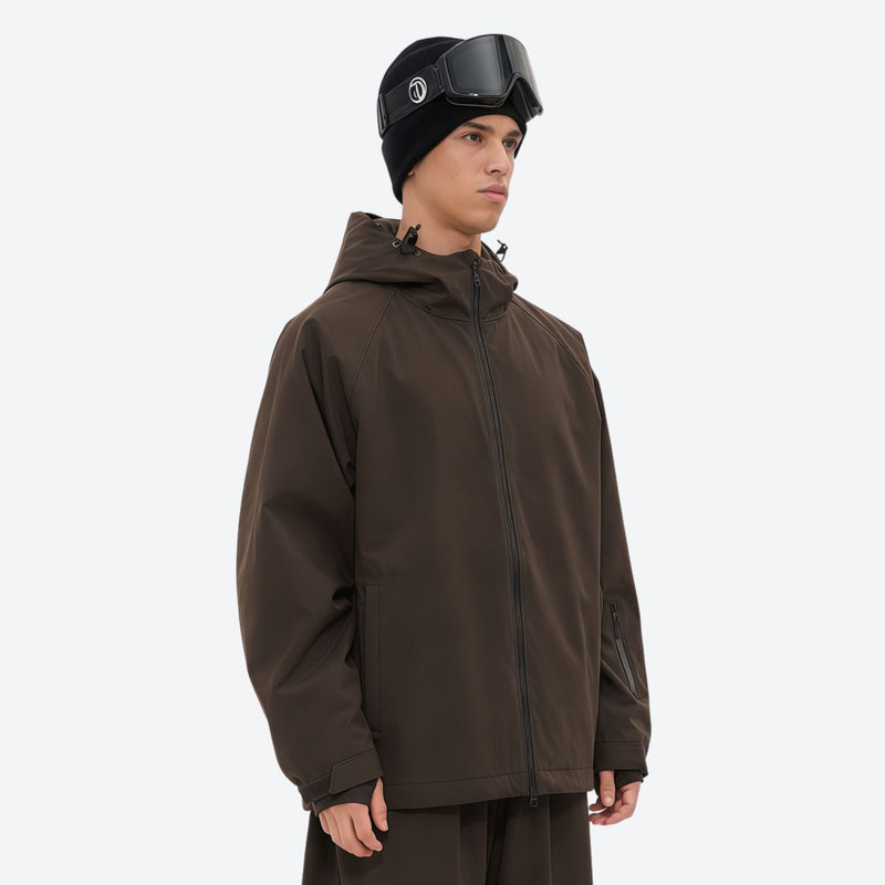 Men's waterproof 2L snow jacket and pants - coffee brown, on-model three-quarter front view, for cold-weather winter sports