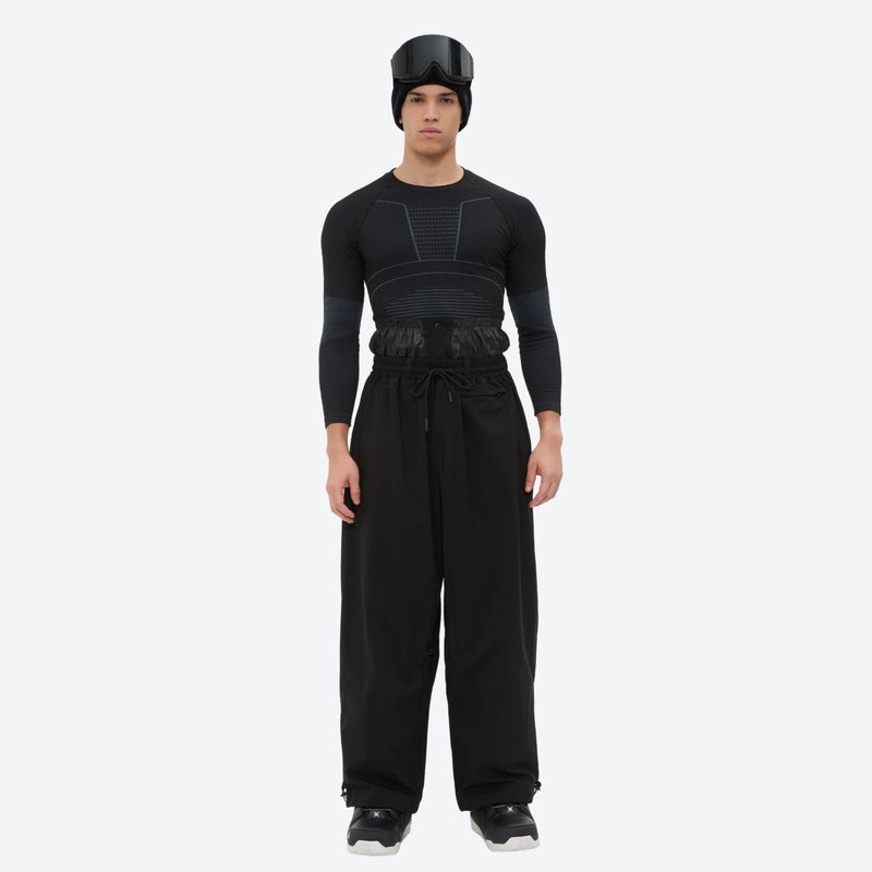Men's minimalist breathable ski jacket set - black snow pants, on-model front view, for cold-weather winter sports