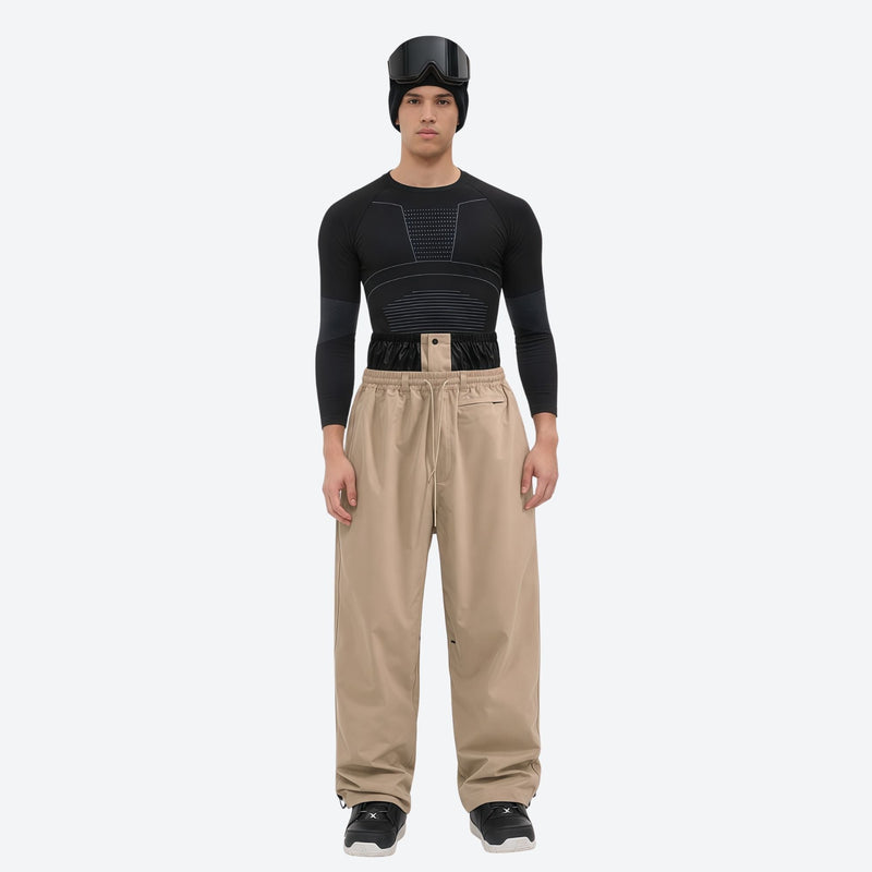 Men's minimalist breathable ski jacket set - tan snow pants, on-model front view, for powder days and winter commute