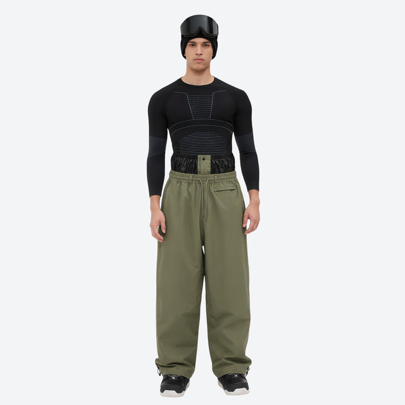 Men's minimalist breathable ski jacket set - olive green snow pants, on-model front view, for skiing and snowboarding
