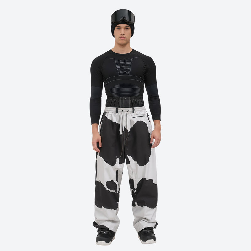 Men's minimalist breathable ski jacket set - cow print snow pants, on-model front view, for skiing and snowboarding