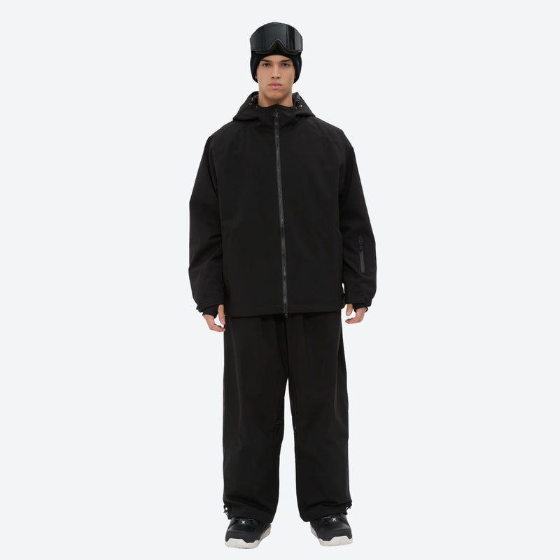 Men's minimalist breathable ski jacket set - black jacket with black pants, for cold-weather winter sports