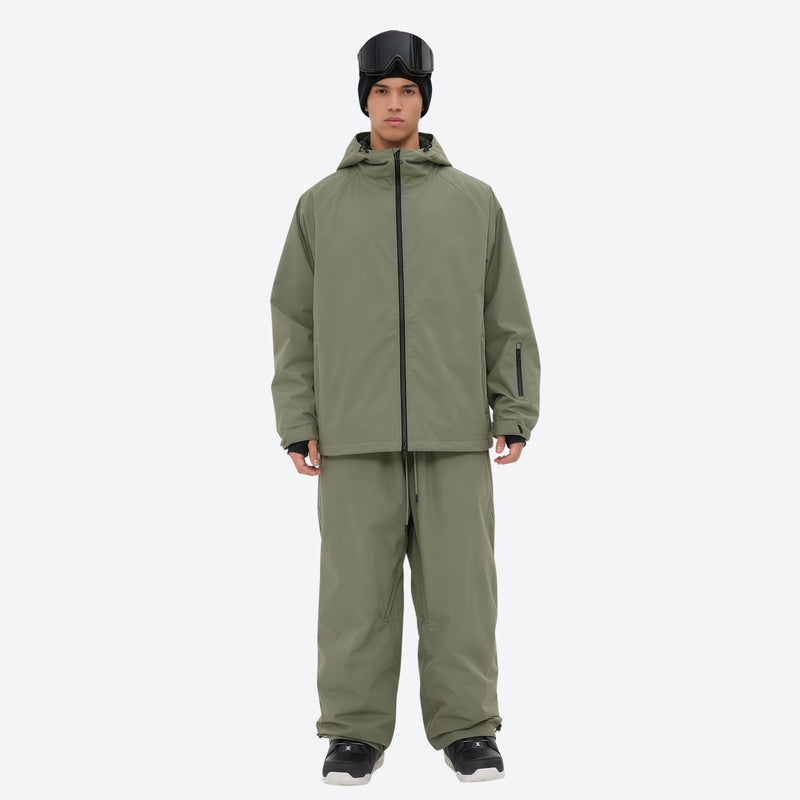 Men's waterproof 2L snow jacket and pants - olive green jacket with olive pants, for powder days and winter commute