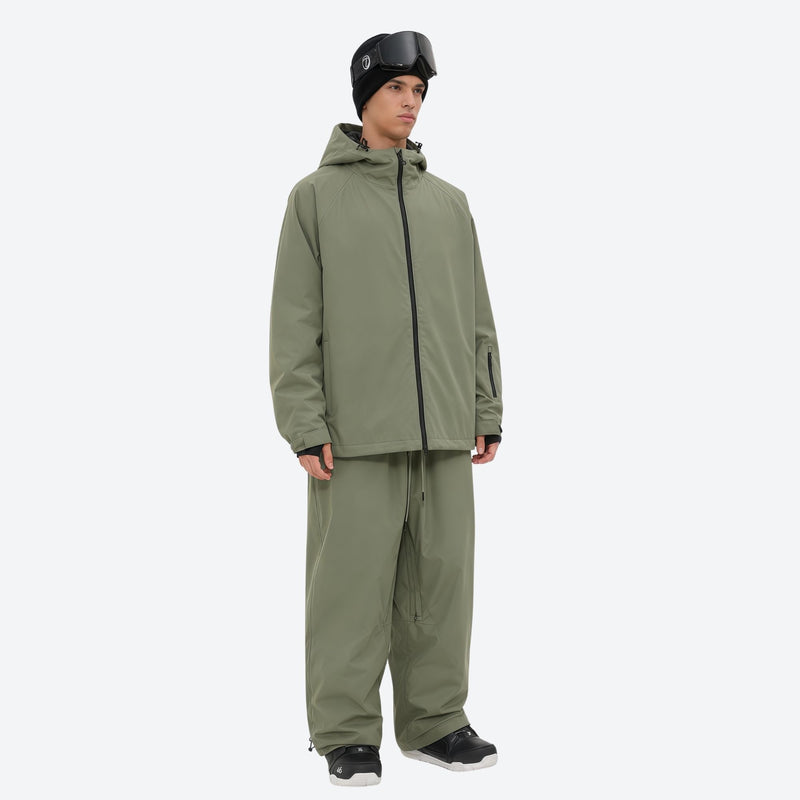 Men's minimalist breathable ski jacket set - olive green jacket with olive pants, for cold-weather winter sports