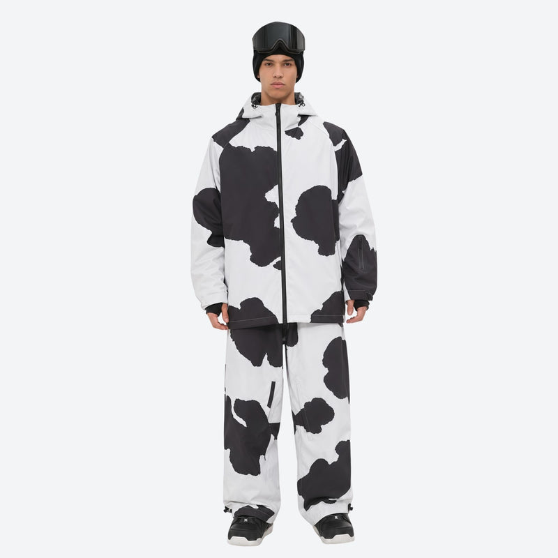 Men's waterproof 2L snow jacket and pants - cow print jacket with cow print pants, for powder days and winter commute