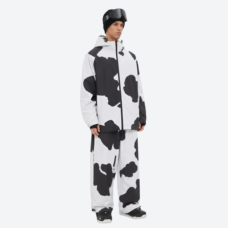 Men's minimalist breathable ski jacket set - cow print jacket with cow print pants, for cold-weather winter sports