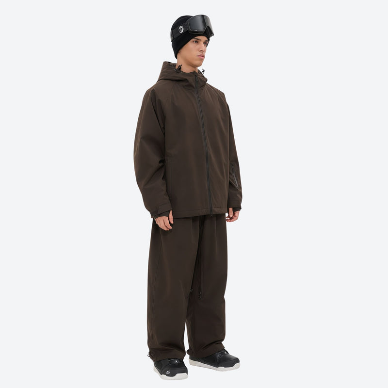 Men's minimalist breathable ski jacket set - coffee brown jacket with coffee pants, for cold-weather winter sports