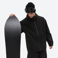 
                  
                    Men's 2-layer snowboard jacket and pants - black, on-model front with upright snowboard, for powder days and winter commute
                  
                