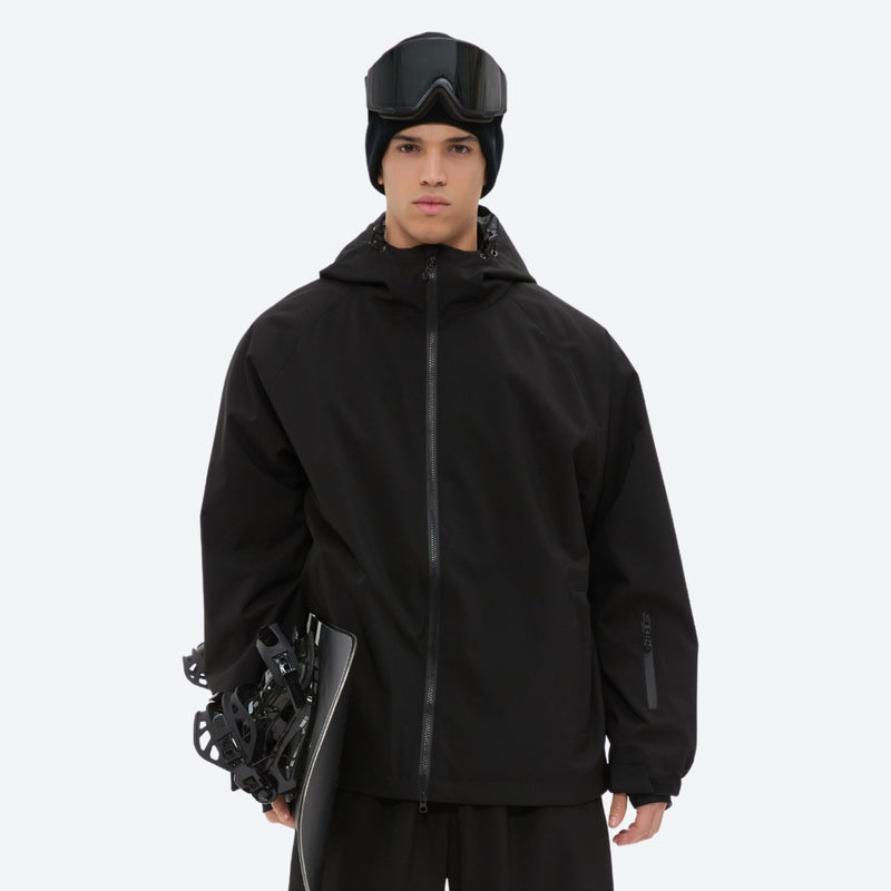 Men's waterproof 2L snow jacket and pants - black, on-model three-quarter front view, for cold-weather winter sports