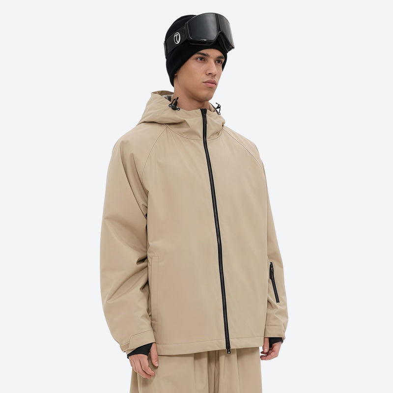Men's waterproof 2L snow jacket and pants - tan, on-model three-quarter front view, for resort and street wear