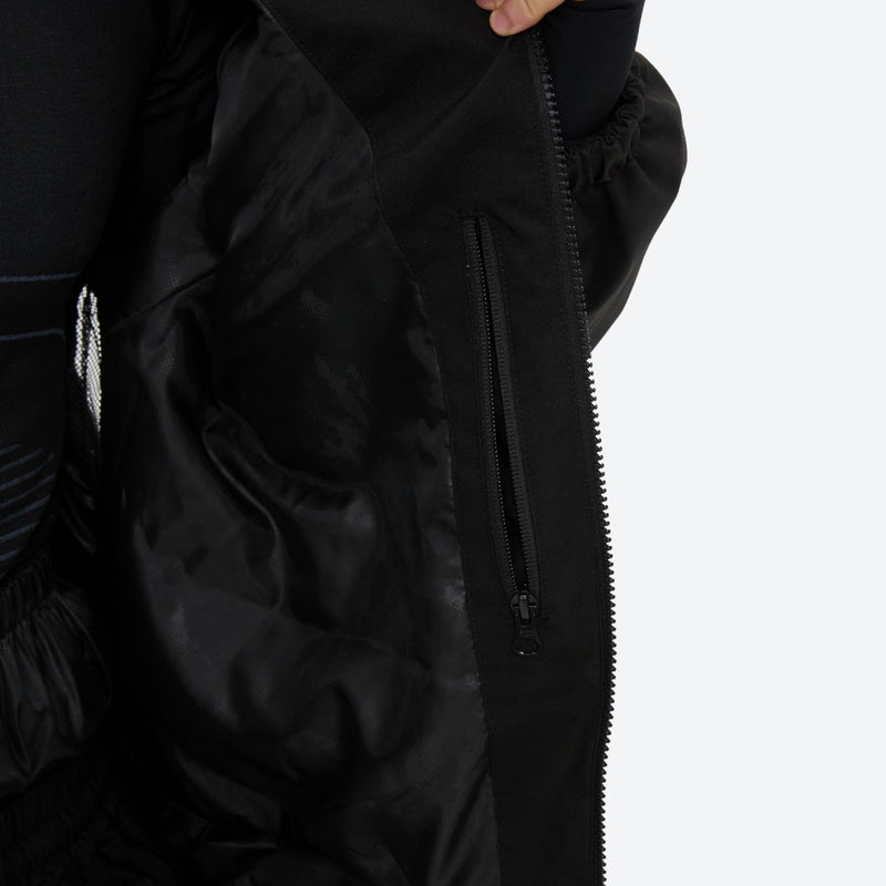Men's waterproof 2L snow jacket and pants - black, interior zip pocket close-up with hand, for cold-weather winter sports