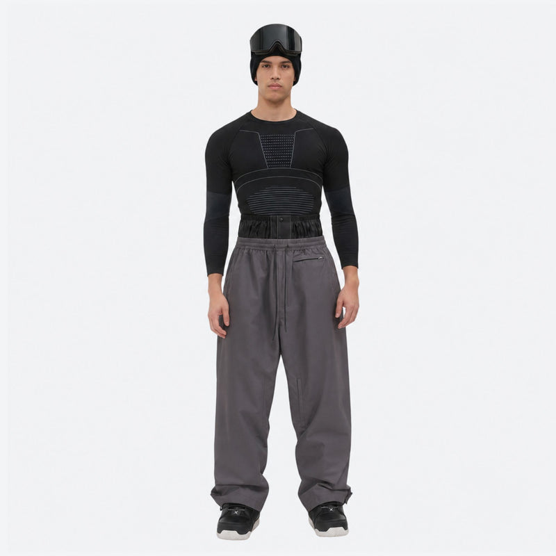 Men's 2-layer snowboard jacket and pants - gray snow pants, on-model front view, for skiing and snowboarding
