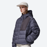 
                  
                    Women's warm packable hooded down midlayer - navy gray lightweight down hooded jacket on women with cap
                  
                