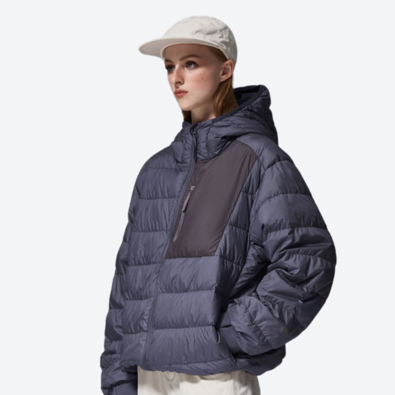 Women's warm packable hooded down midlayer - navy gray lightweight down hooded jacket on women with cap