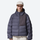 Women's insulated compact down jacket with color-block panel - navy gray lightweight down hooded jacket on women with cap