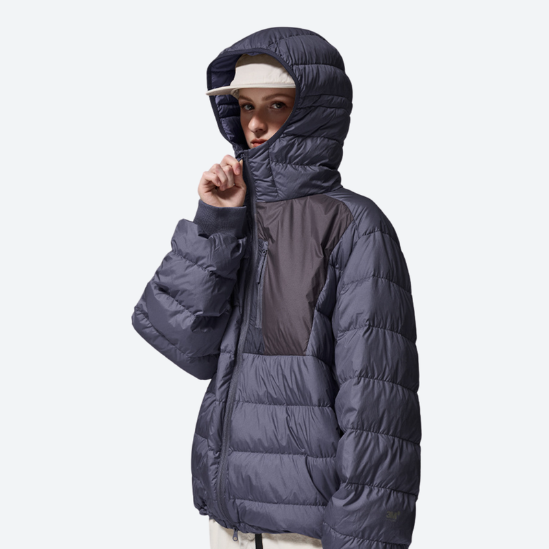 Women's insulated compact down jacket with color-block panel - navy lightweight down hooded jacket on women