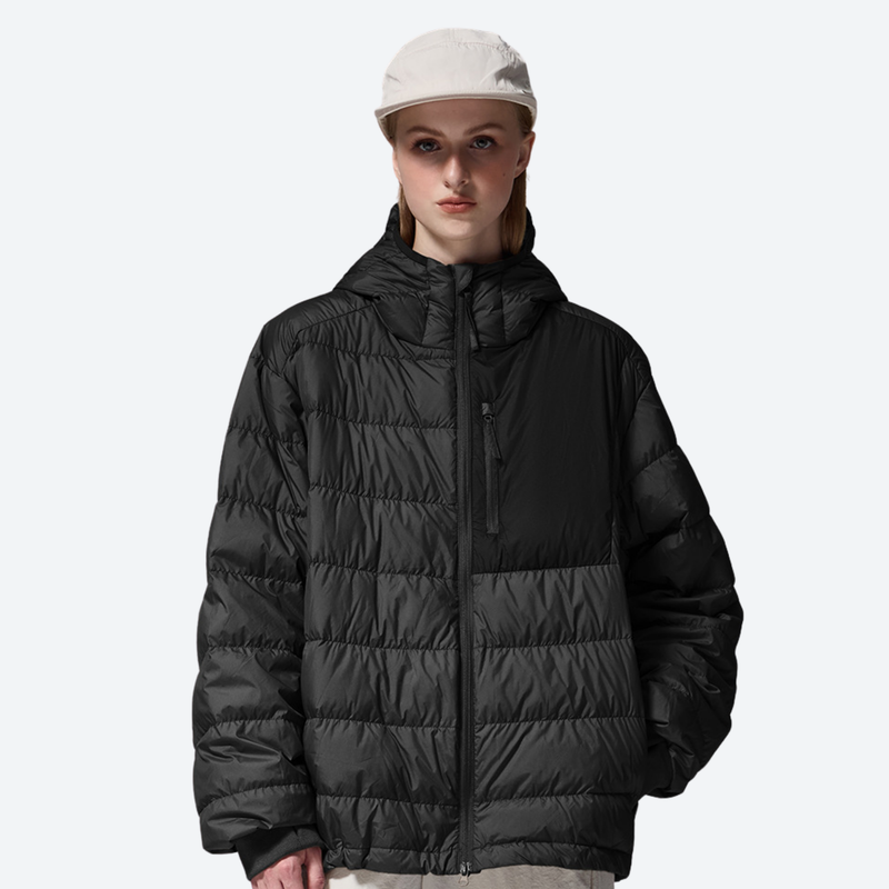 Women's insulated compact down jacket with color-block panel - black lightweight down hooded jacket on women with cap