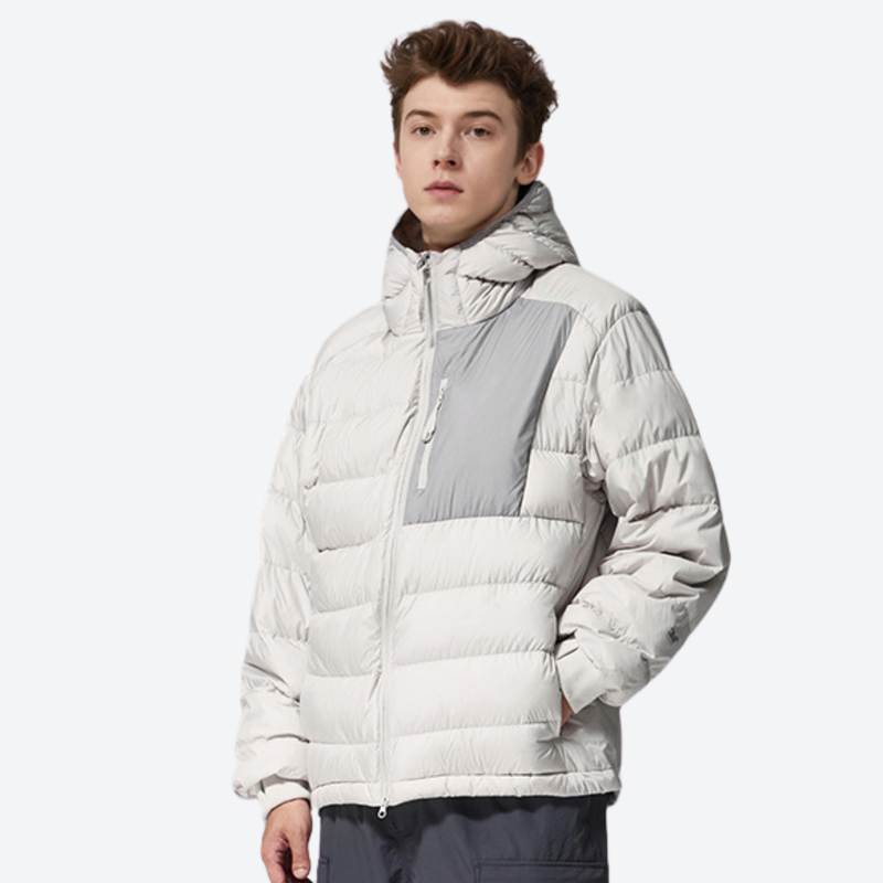 Women's warm packable hooded down midlayer - white lightweight down hooded jacket on men, for travel and city walks