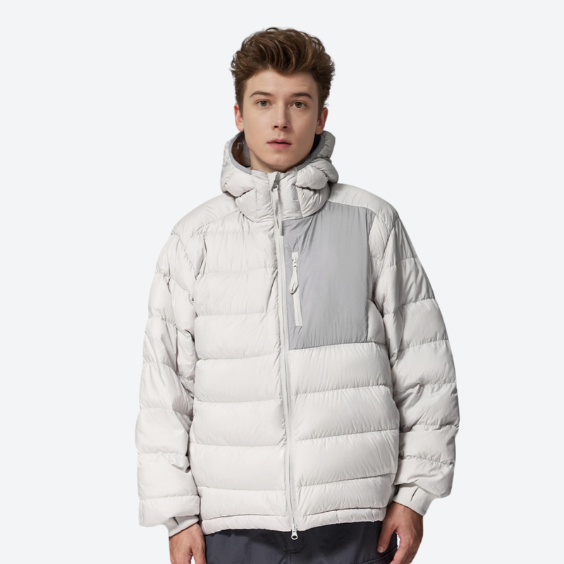 Women's warm packable hooded down midlayer - white lightweight down hooded jacket on men, for camping and outdoor weekends