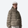 Women's warm packable hooded down midlayer - olive lightweight down hooded jacket on women with cap, front standing view