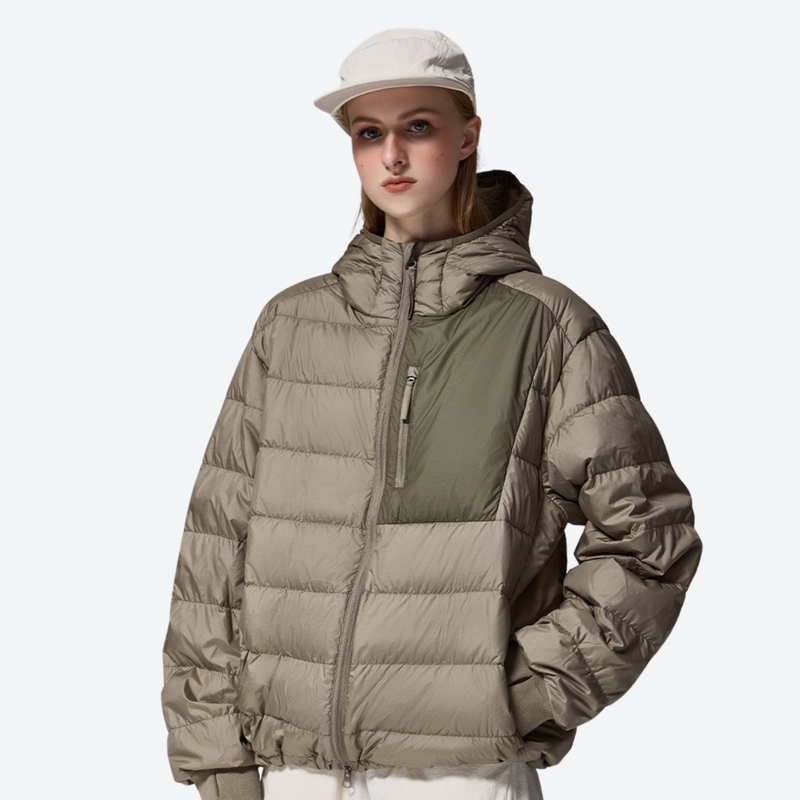 Women's insulated compact down jacket with color-block panel - olive lightweight down hooded jacket on women with cap