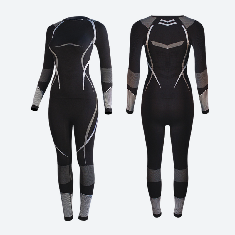 Women's sweat-wicking performance compression top and pants set - black and gray compression base layer suit