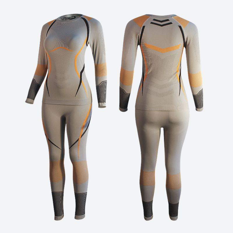 Women's breathable lycra baselayer suit for snow sports - beige and orange compression base layer suit