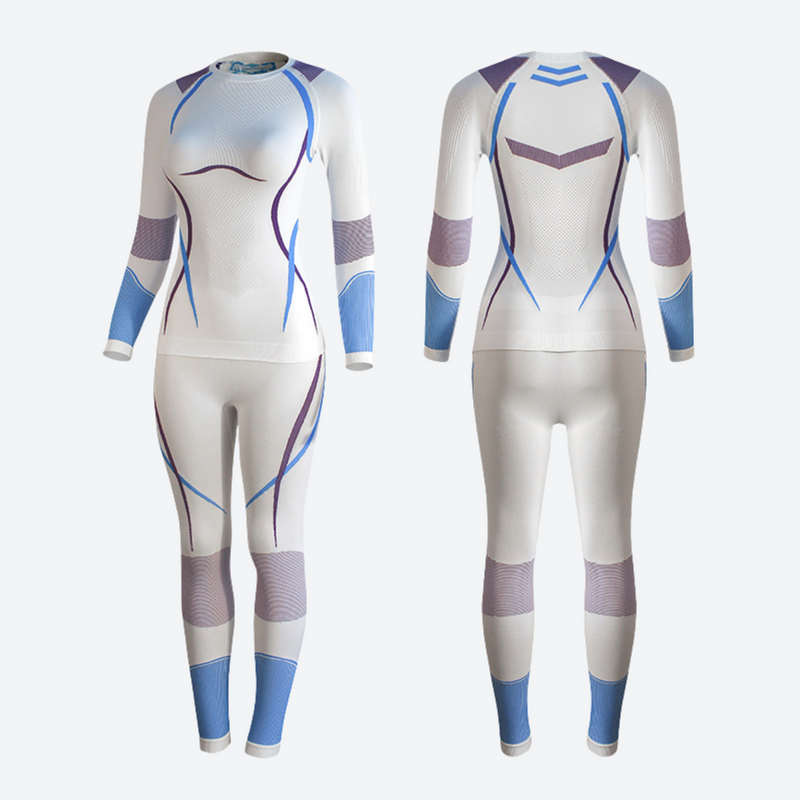 Women's compression base layer suit with lycra - white blue and purple compression base layer suit