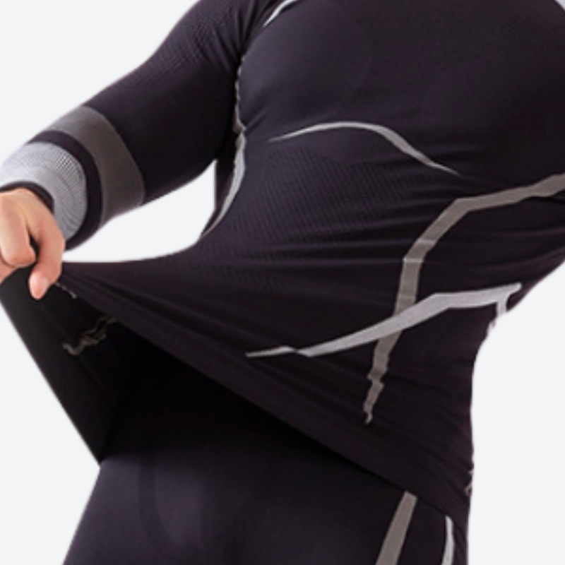 Men's breathable lycra baselayer suit for snow sports - black and gray compression suit side panel, for winter snow sports