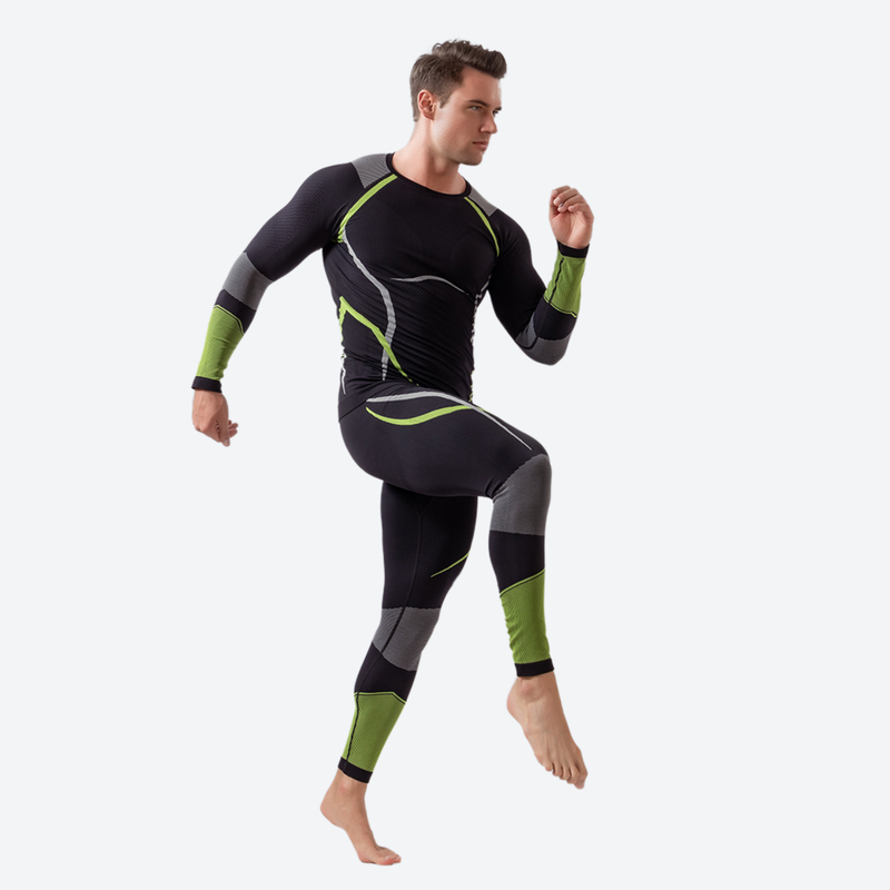 Men's sweat-wicking performance compression top and pants set - black and green compression base layer suit on men