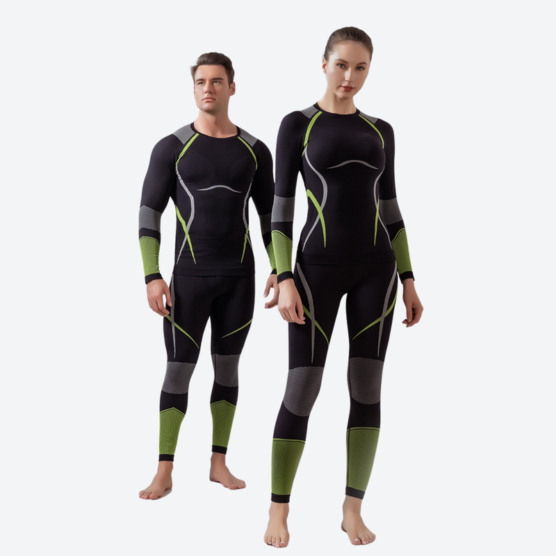 Women's breathable lycra baselayer suit for snow sports - black and green compression base layer suit couple