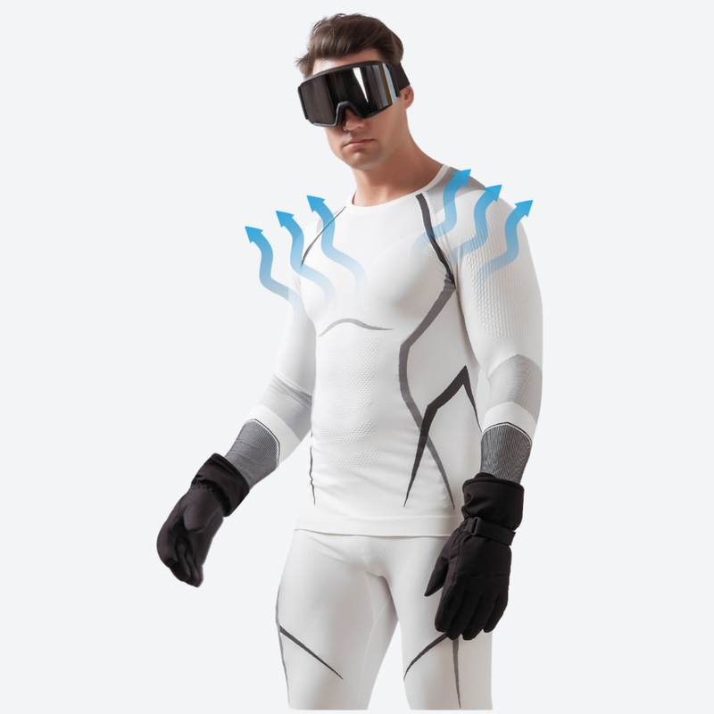 Men's compression base layer suit - white compression base layer suit, vent airflow arrow infographic, for winter snow sports