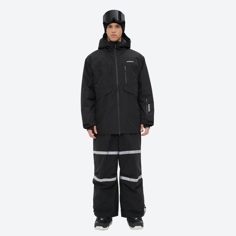 Breathable 3-layer suspender bibs with reflective trim - black jacket with black bib pants, on-model full-body front view