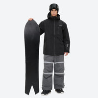 
                  
                    Unisex snowboard bib pants - black jacket with gray bib pants, for cold-weather winter sports
                  
                