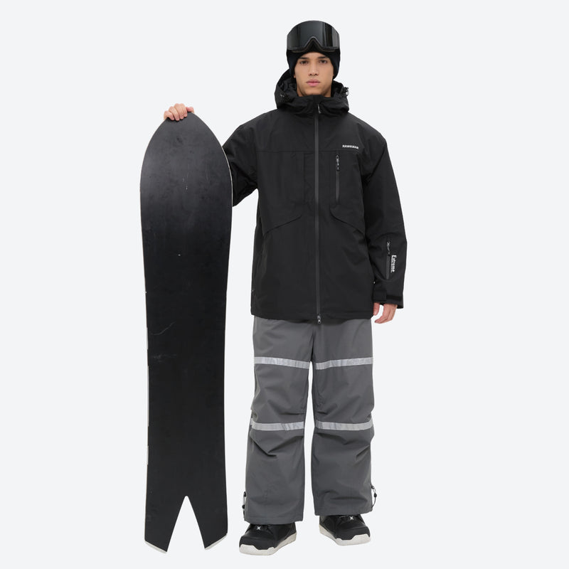 Unisex snowboard bib pants - black jacket with gray bib pants, for cold-weather winter sports